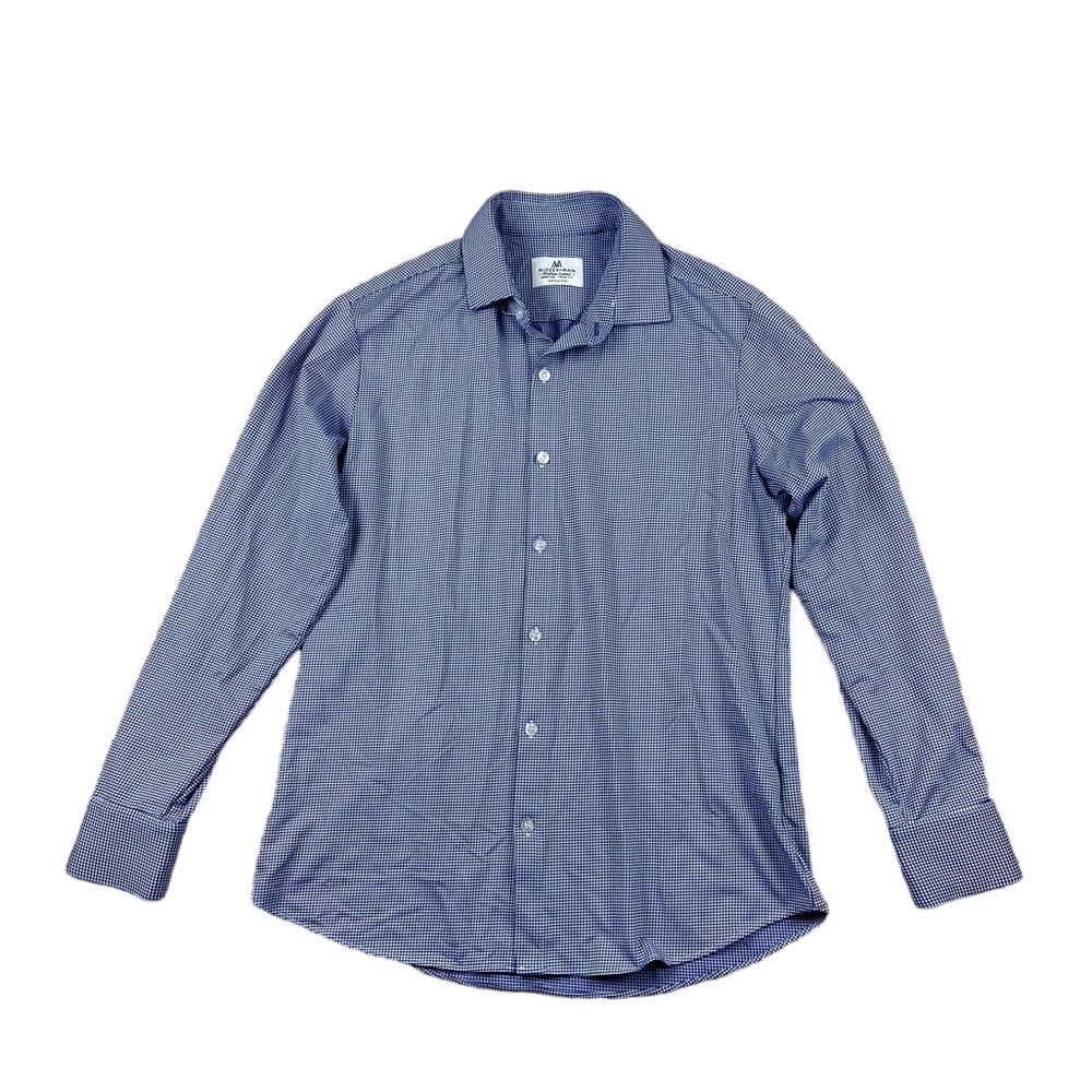 Mizzen + Main Mens Medium Blue White Check Trim Fit Button Up Dress Shirt
